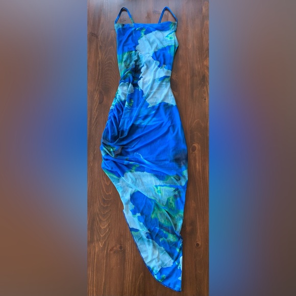 SOLD - Blue Bodycon Asymmetrical Dress - Picture 3 of 7